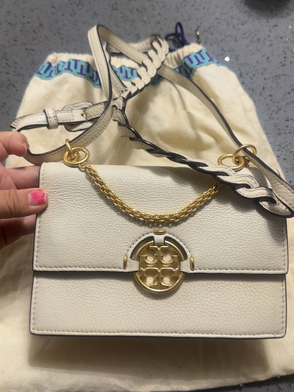 Tory Burch Cream Leather Crossbody with Gold Chain